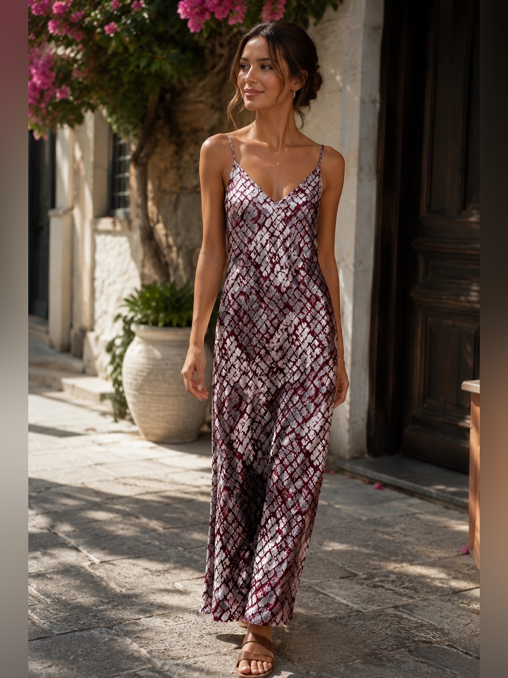 Natori Burgundy & Silver Metallic Snake-Print Midi Dress